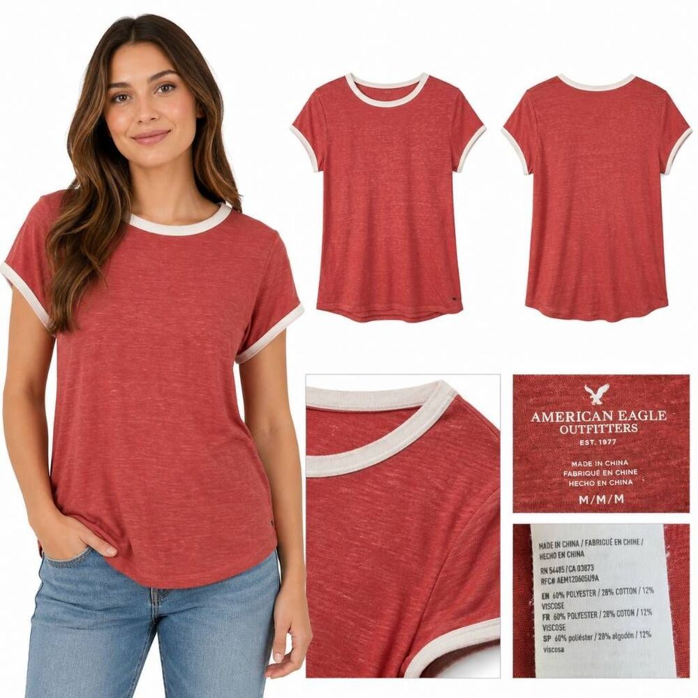 American Eagle M Coral Ringer Tee White Trim Soft Shirt